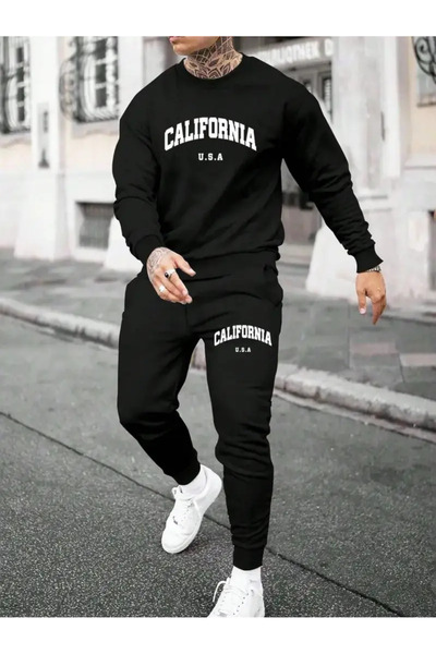 AEMİ Men's California Printed Crew Neck Sweatshirt and Jogger Sweatpants - Top and Bottom Set