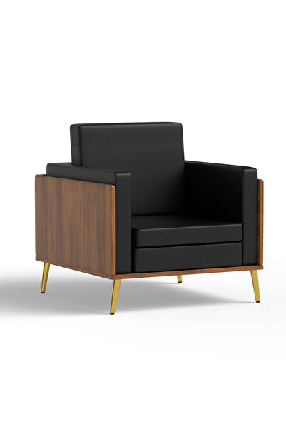 Mahmayi KD 3326 Natural Dijon walnut Wooden Single Seat Sofa with Golden Legs and Black PU Cushion