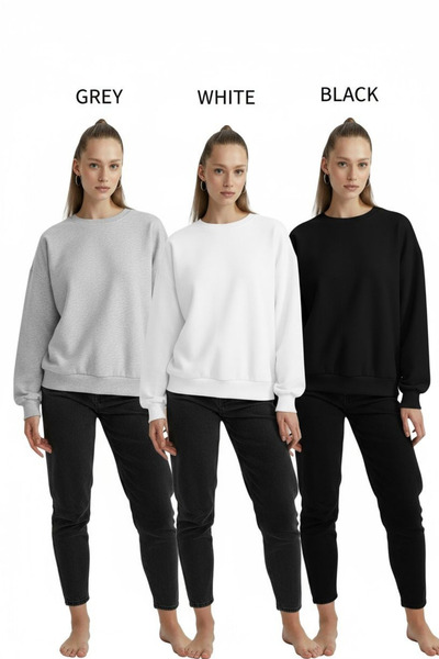 Bliss Women's 3-Piece Black White Gray Oversize Crew Neck 3 Thread Basic Sweatshirt