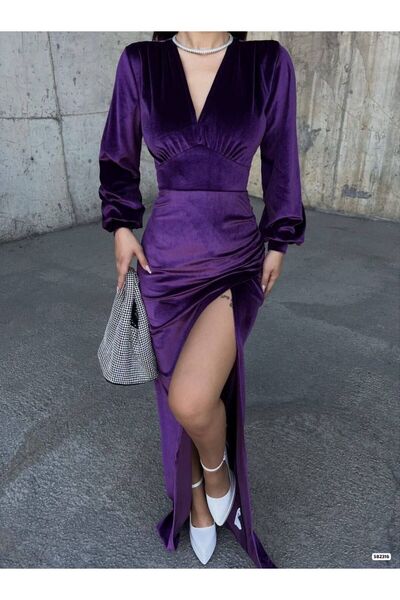 diloxe Kadife Maxi Boy Derin Yırtmaçlı Abiye Elbise