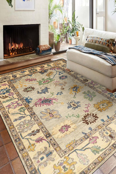 KONUKHOUSE Krem Afgan Halısı Vintage El dokuma Görünümlü Dekoratif İnce Kaymaz Dot taban Halı