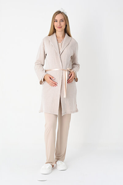 ERDENİZ TEKSTİL Lohusa ve Hamile Pijama ve Jakarlı Çizgili Sabahlık Takımı Önü Düğmeli Uzun Kollu Pijama 3'lü Takım
