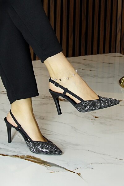 Erkan Saçmacı Sacha Premium Black Crepe Stone Open Back Pointed Toe Thin Heeled Evening Dress Shoes