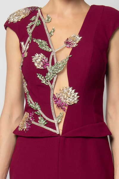 RENGIN Robası dallı çiçek taş işli ay kollu krep abiye elbise