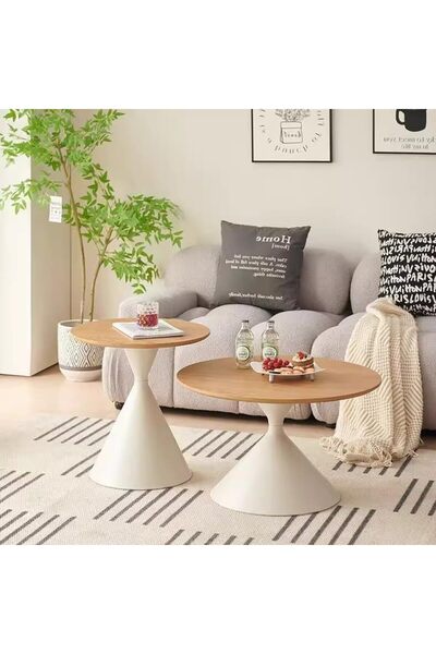 ESMART Set of 2 Round Brown & White Coffe Table 70cm+50cm, Solid Wood Tops & Carbon Steel Base