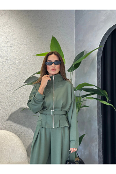 orjinal blue b Khaki Bell-Bottom Pants with Belt and Tie Set - 7278