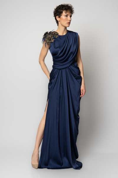 RENGIN Omzu glitter çiçekli belden pileli kolsuz abiye elbise