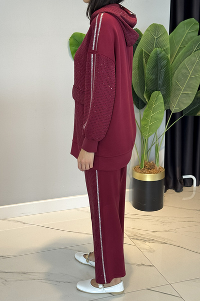 Lale Butik Stone Detailed Hooded Modal Suit 120261 Claret Red