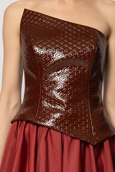 RENGIN Deri büstiyerli tafta balon etekli abiye elbise