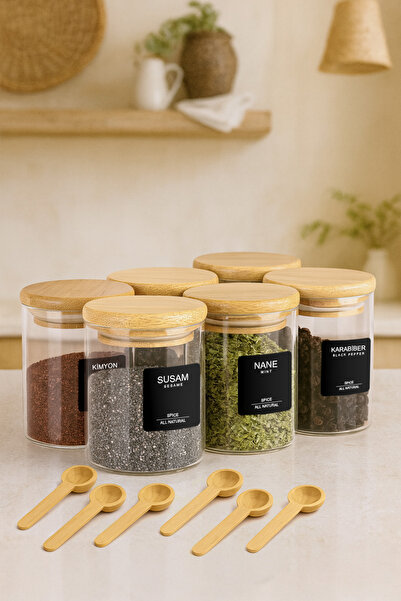 Hope طقم مرطبانات توابل من زجاج البورسليكات مكون من 6 قطع مع ملاعق من الخيزرا...