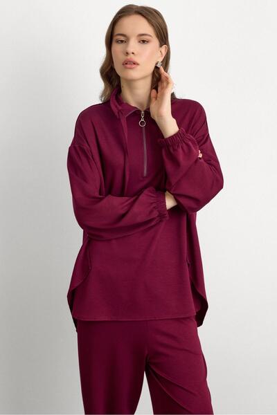 Olcay Knitted Sweat Suit with Zipper and Cup Detail Bordo 9385-Tk