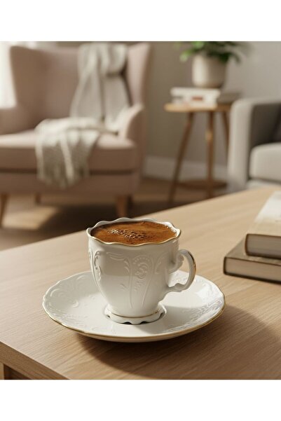 BOSHQAP Diana Altın Yaldızlı Porselen 6 Kişilik 12 Parça Türk Kahve Fincan Ta...