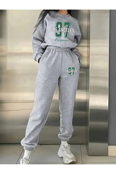 AEMİ Жіночий 97 Лос-Анджелес Принтований велосипедний комір Світшот і джоггер Штани-комплект