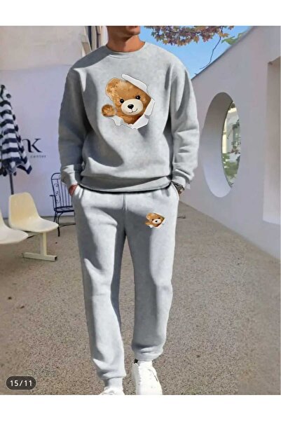 ORVIO Group Men's Ripped Effect Teddy Bear Printed Sweat Suit