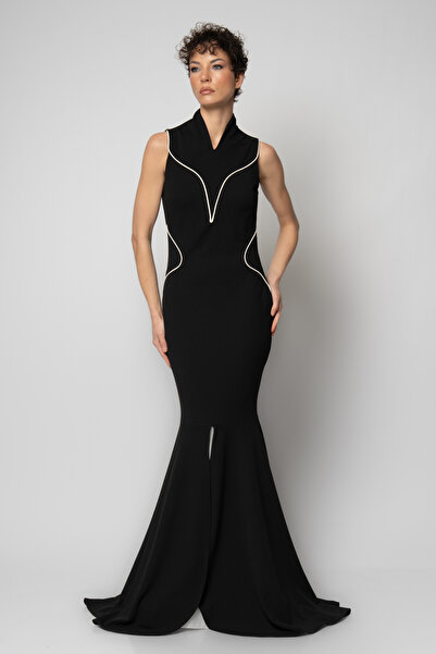 RENGIN Hakim yaka yırtmacı tafta kolsuz krep abiye elbise