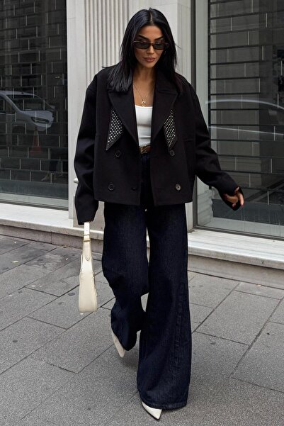 Lijuri Siyah Fular Detaylı Premium Kaşe Ceket 7072