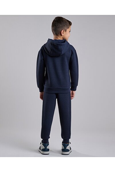 R&B Navy Blue Boy's Printed Hooded Sweatsuit Set