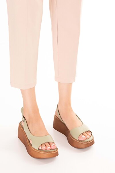 Gondol Hakiki Deri Platform Tabanlı Sandalet asy.991 Su Yeşili