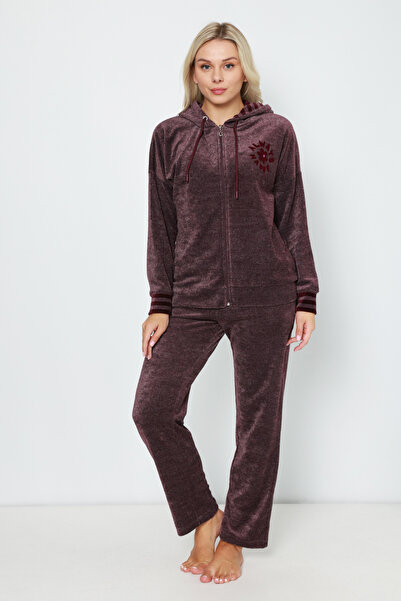 İntensive Hooded Burgundy Embroidery Detailed Zippered Long Sleeve Cotton Velvet Women's Bottom-Top Tracksuit Set