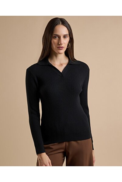 R&B Ribbed Top with Shirt Collar and Long Sleeves