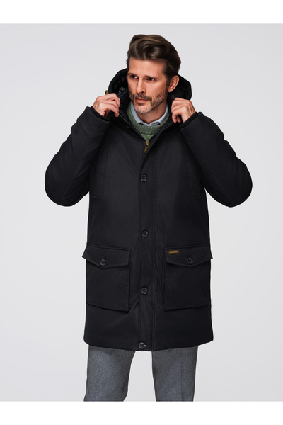 OMBRE Elegant Men's Cargo Parka with Hood - Black