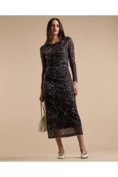 R&B Animal Patterned Sheath Dress with Crew Neck and Long Sleeves