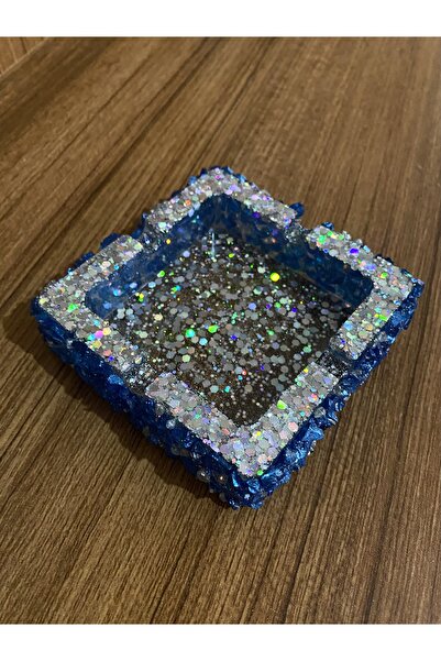cesaconsept Gri Glitter Karışımı ve Gri Mavi Cam Kırığı Kaplama Tasarım Epoksi Küllük