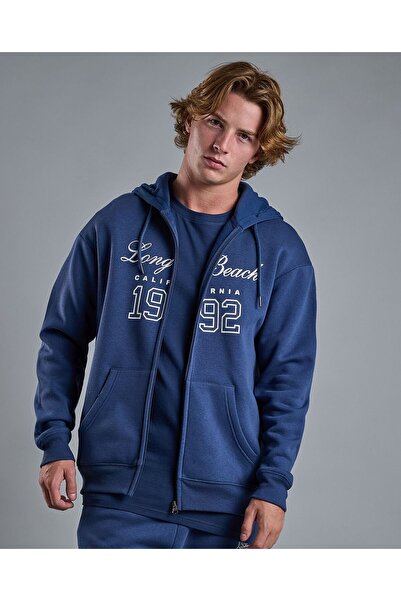 R&B Typography Print Hooded Jacket with Zipper Closure