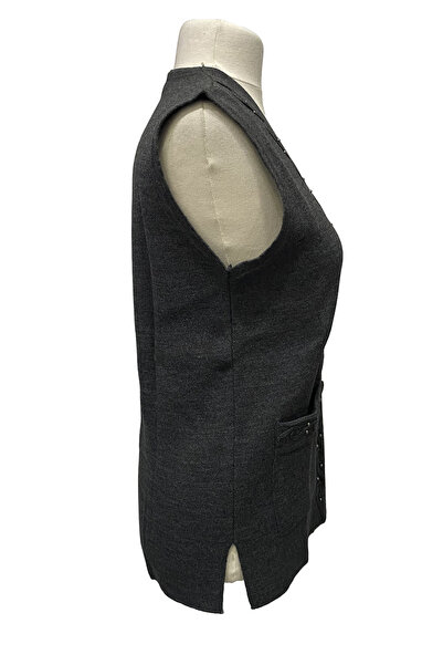 Giyinen Mağazaları Gray Emel Front Buttoned Double Pocket Winter Knitted Vest