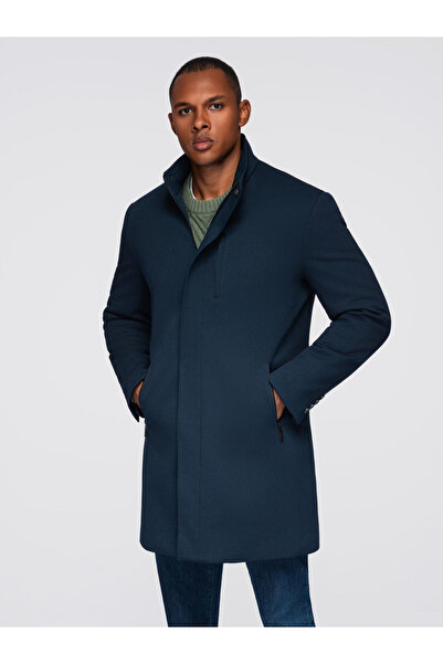OMBRE Pánský kabát s vysokým límcem a přiléhavým střihem - tmavě modrý V2 OM-COWC-0136