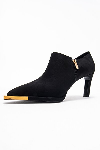 LuviShoes Sona Black Suede Gold Detailed Zippered Women's Ankle Heeled Shoes