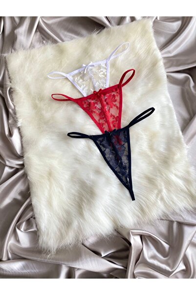 Maly Love Kadın Dantelli Transparan String Tanga İç Çamaşırı 3’lü Set - Beyaz & Kırmızı & Siyah