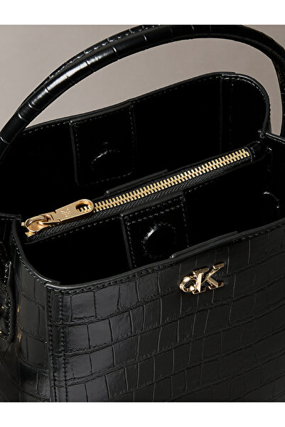 Calvin Klein Monogram Logo Hardware Chain Crocodile Print Bucket Bag