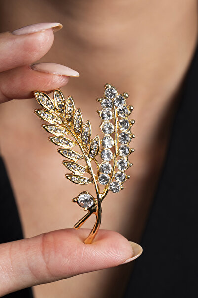 Elika Silver Kadın Yaprak Model Gold İnci Broş