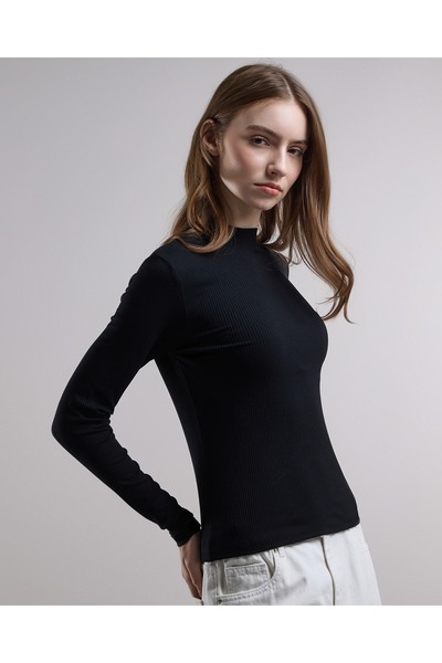 R&B Ribbed Top with High Neck and Long Sleeves