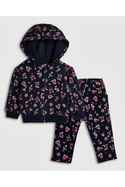 R&B Navy Blue Girl's Printed Hooded Clothing Set