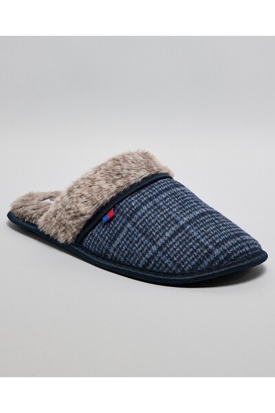 R&B Navy Blue Men's Fur Detail Bedroom Slippers