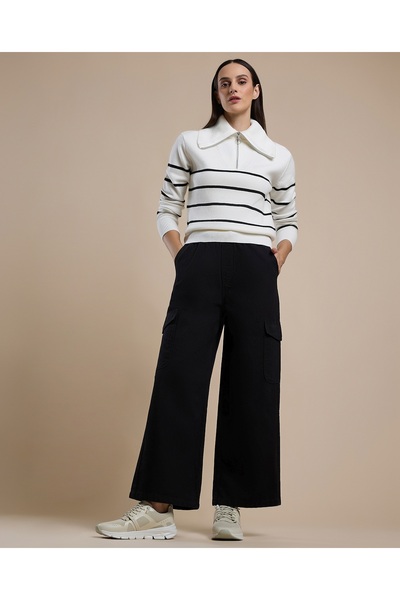 R&B Striped Collared Sweater with Long Sleeves