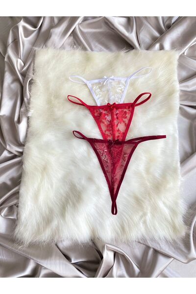 Maly Love Kadın Dantelli Transparan String Tanga İç Çamaşırı 3’lü Set - Beyaz & Kırmızı & Bordo