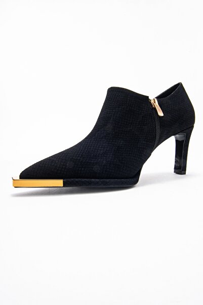 LuviShoes Sona Black Patterned Gold Detailed Zippered Women's Ankle Heeled Shoes