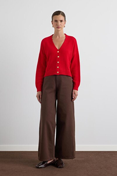 KADRİYE BAŞTÜRK Gold Buttoned Knitwear Cardigan Red