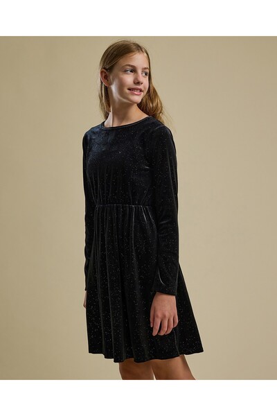 R&B Solid Fit and Flare Dress with Crew Neck and Long Sleeves
