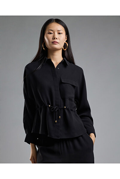 R&B Solid Drawstring Shirt with Classic Collar and Long Sleeves