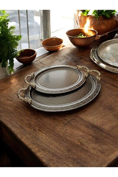 Le Paon طقم صواني تقديم معدنية مكون من قطعتين مقاس 42×28 سم و 49×34 سم - صينية تقديم أنيقة لا تفقد لونها ولا تتأكسد ومتينة