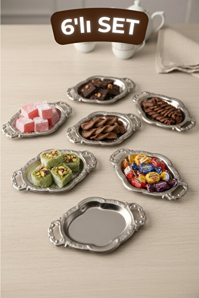 TR Turan Collection REYHAN Kulplu Minimal Kahve Yanı Oval Sunumluk Gümüş 6 lı...
