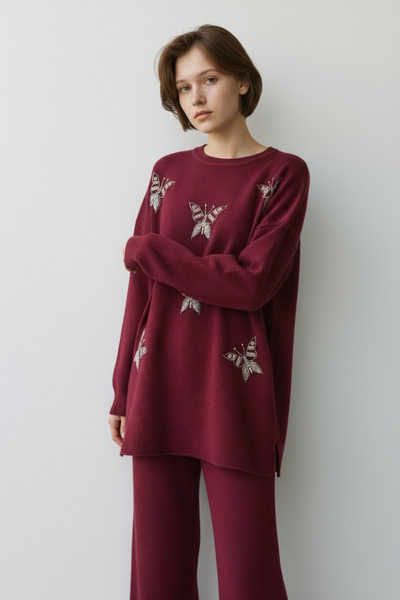 NEWCO طقم مكون من قطعتين من التريكو المريح والأنيق ذو فتحة جانبية، قميص وسروا...