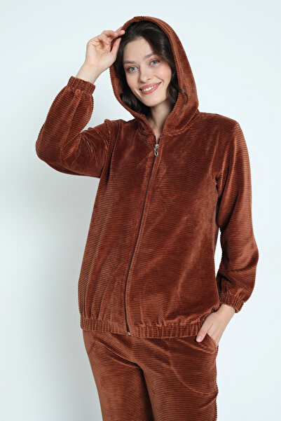 İntensive Καφέ μακρυμάνικο κοστούμι με φερμουάρ και κουκούλα από βαμβακερό βελούδο για γυναίκες