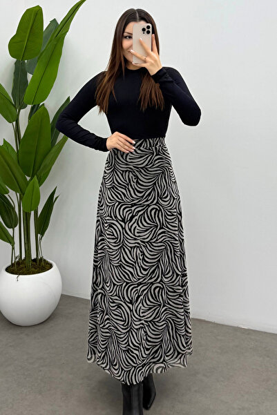 Ladima Fusta din tul cu fermoar, cu imprimeu Wave Zebra, cu detaliu din spate...