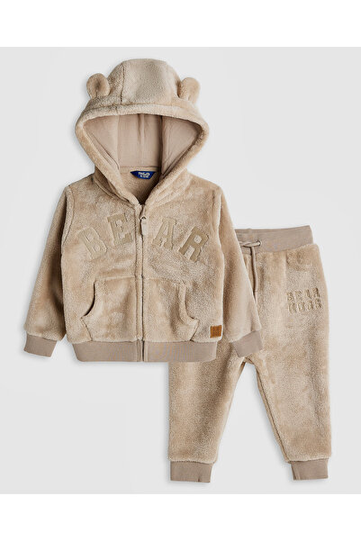 R&B مجموعة ملابس بغطاء رأس من الفرو للأولاد البني