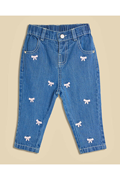 R&B بنطال جينز مطرز بفيونكة مع أزرار للإغلاق